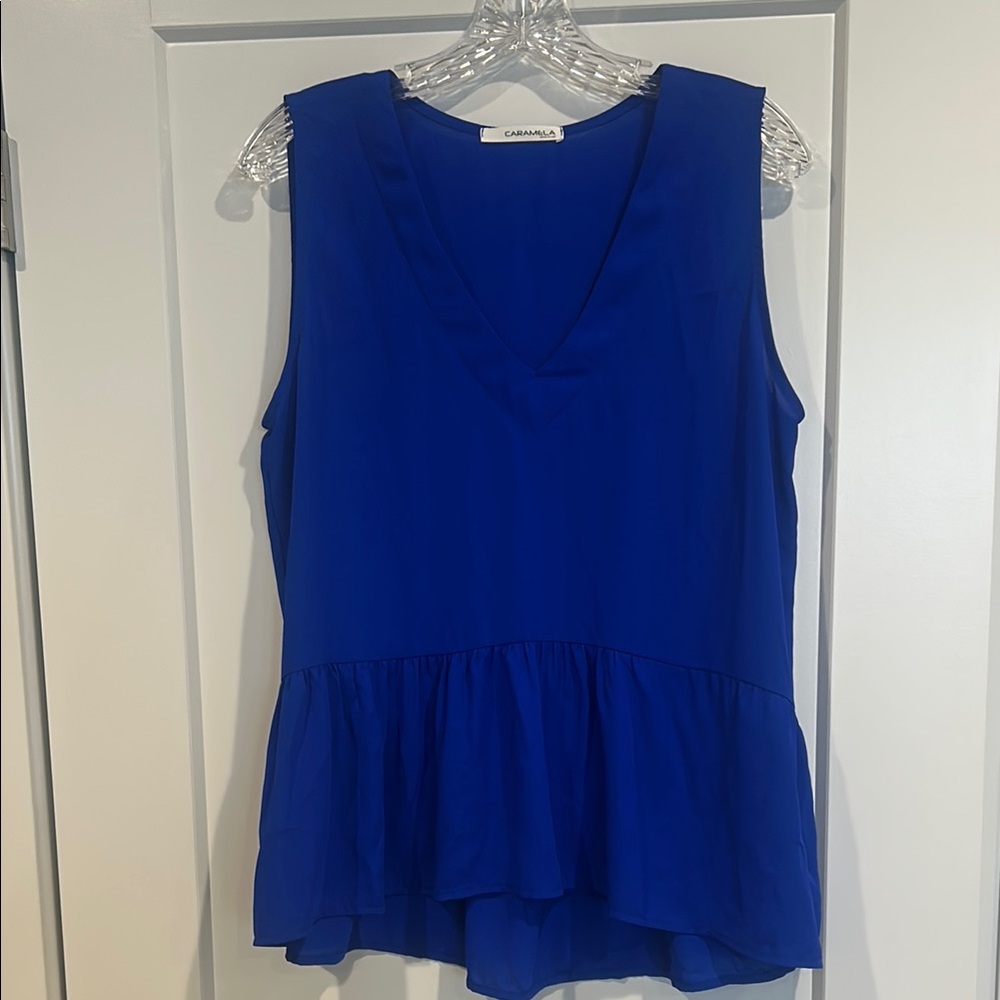 Caramela brand  Blue Peplum Blouse with Sleeves size Large.